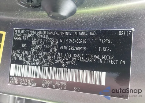 2017 Toyota Highlander Le Plus z USA, uszkodzony, nr VIN 5TDZZRFH5HS203179